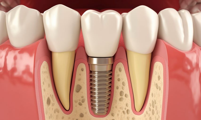 A rendering of a dental implant attached to the jaw.